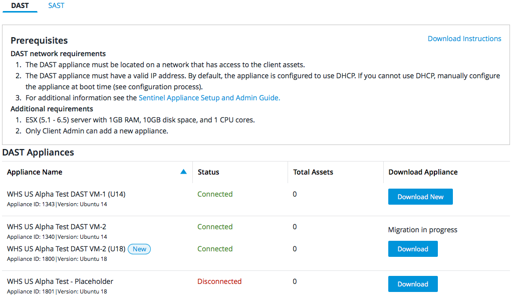 dast appliances showing status