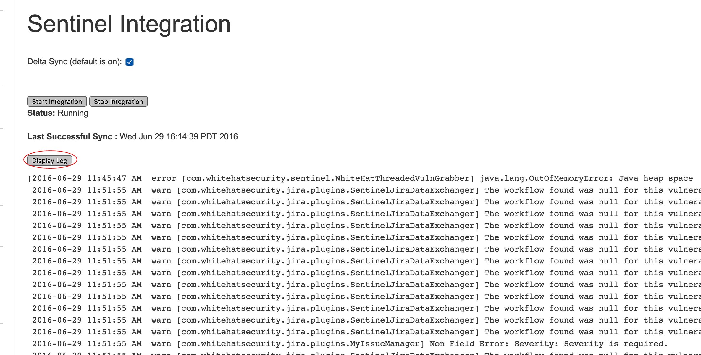 sentinel to jira plugin log