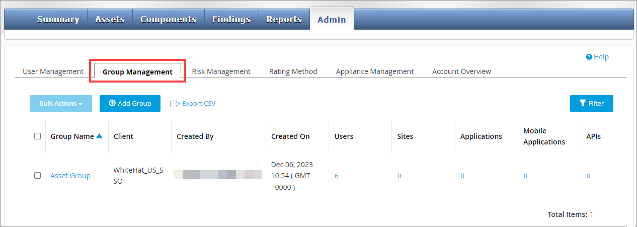 admin group management tab