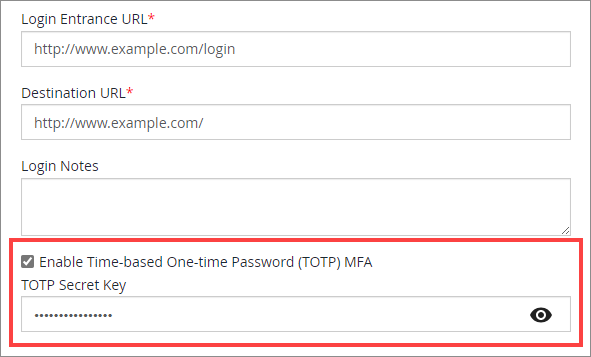 Edit credentials page showing TOTP enabled and a secret key