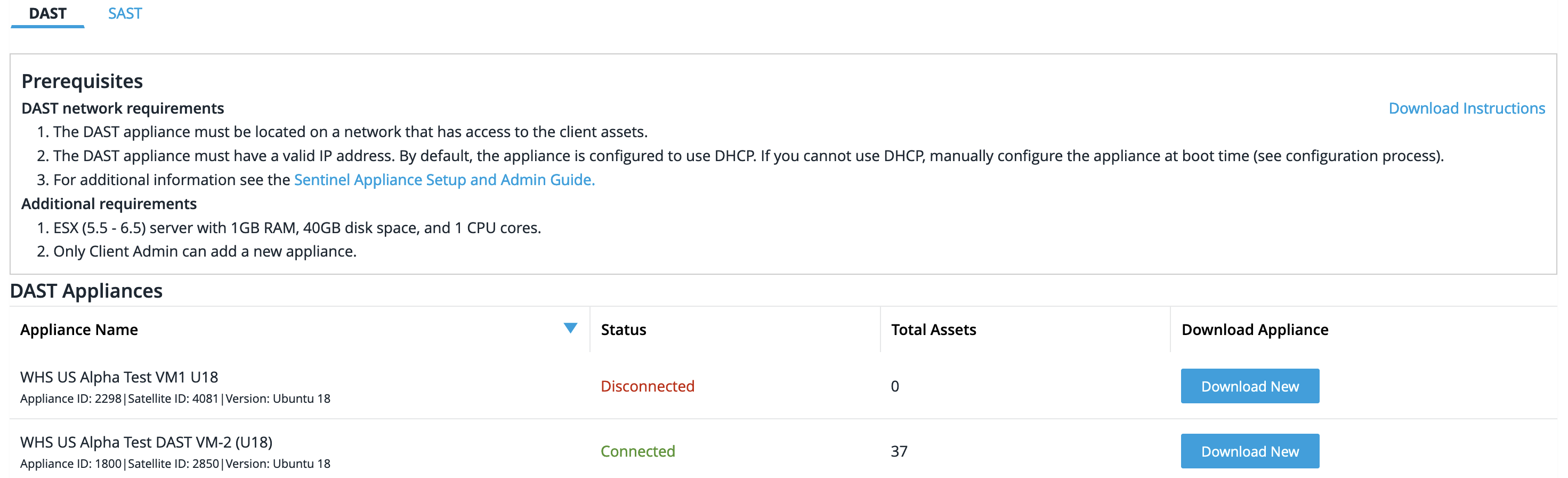 dast appliances showing status