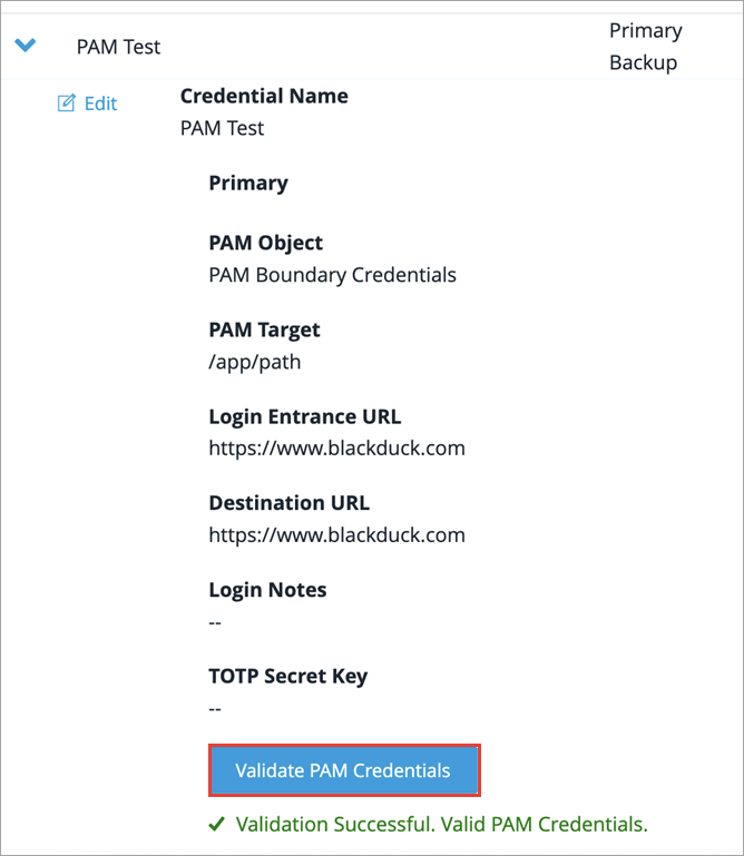 site scan tab validate pam credentials button