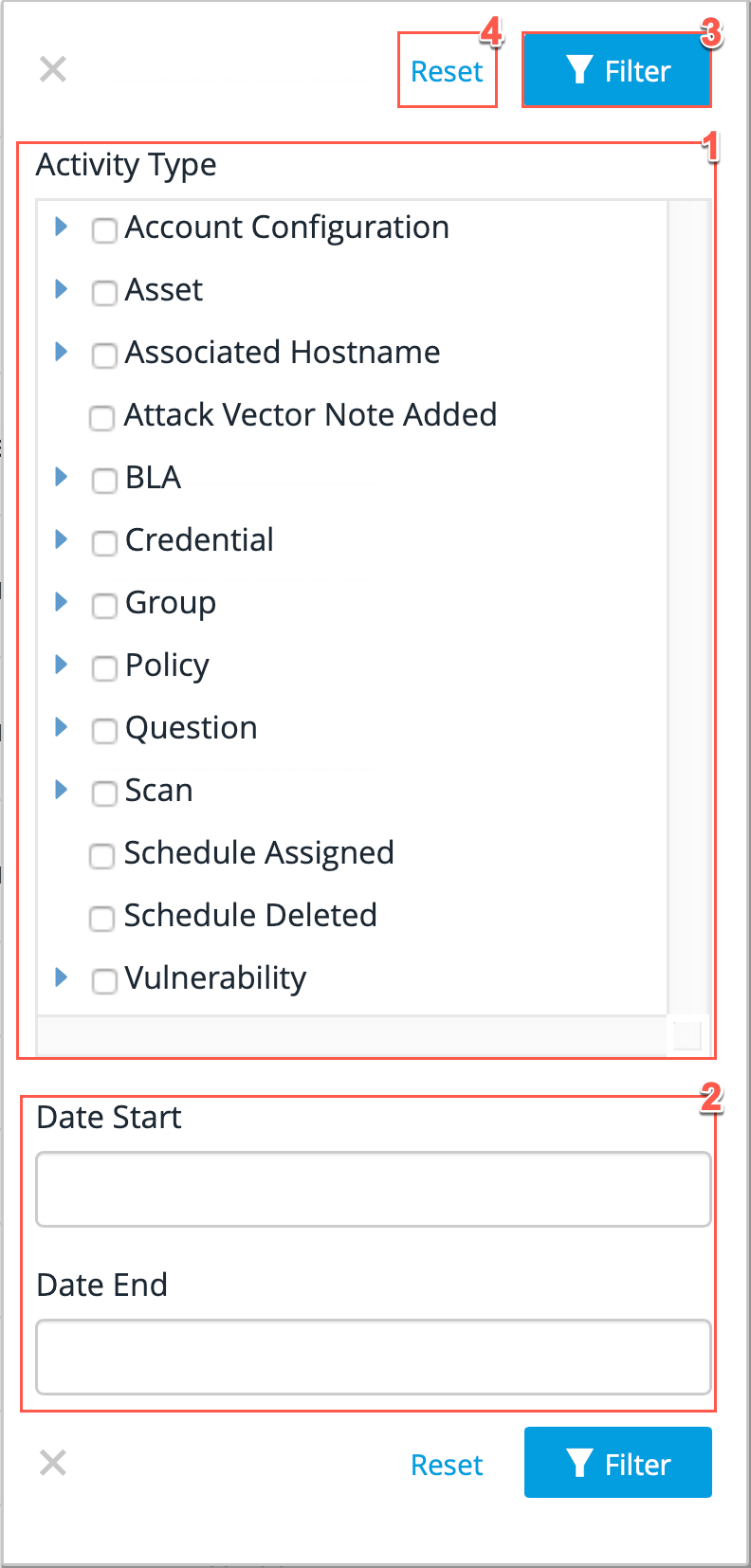 asset activities filter