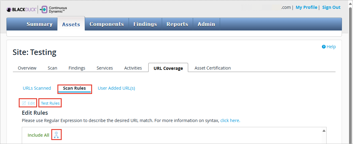 url coverage edit scan rules bd