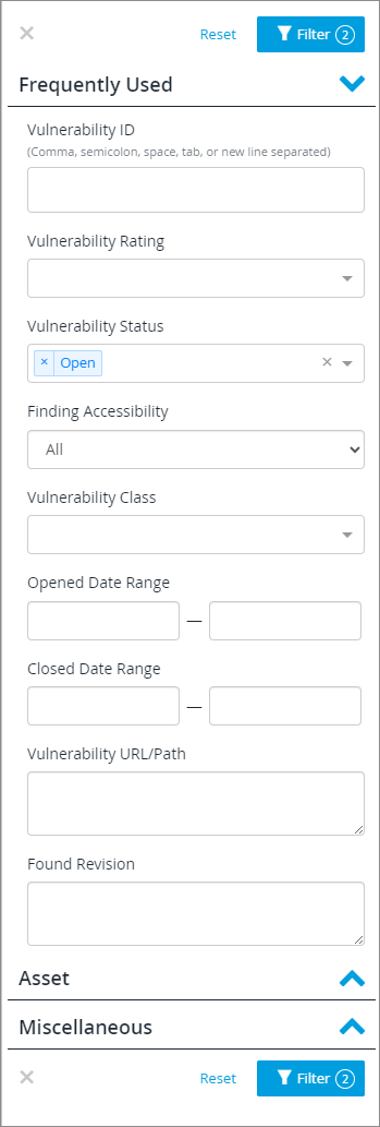 vuln filters popup frequently used